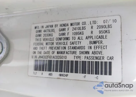 2010 Acura Tsx 2.4 from USA, damaged, VIN JH4CU2F61AC035010